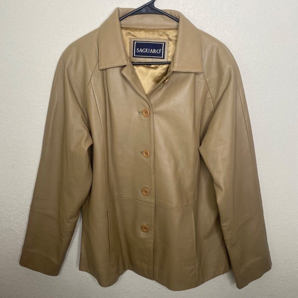 Vintage Saguaro Genuine Leather Italian Blazer Jacket Womens XL Tan Classic Styl